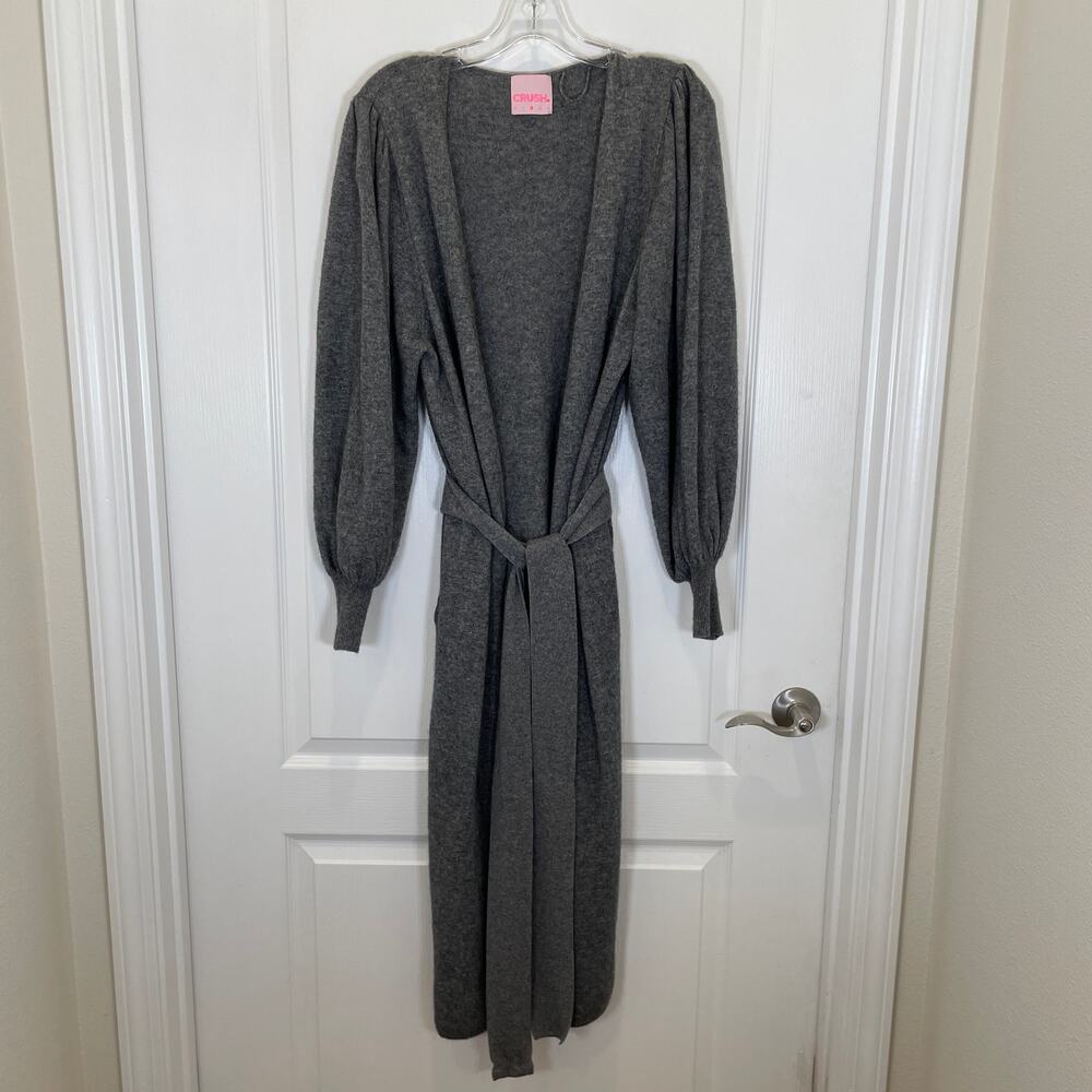 Crush Cashmere 100% Maxi Cardigan Sweater‎ Duster Gray Belted Pockets Slits 2 M